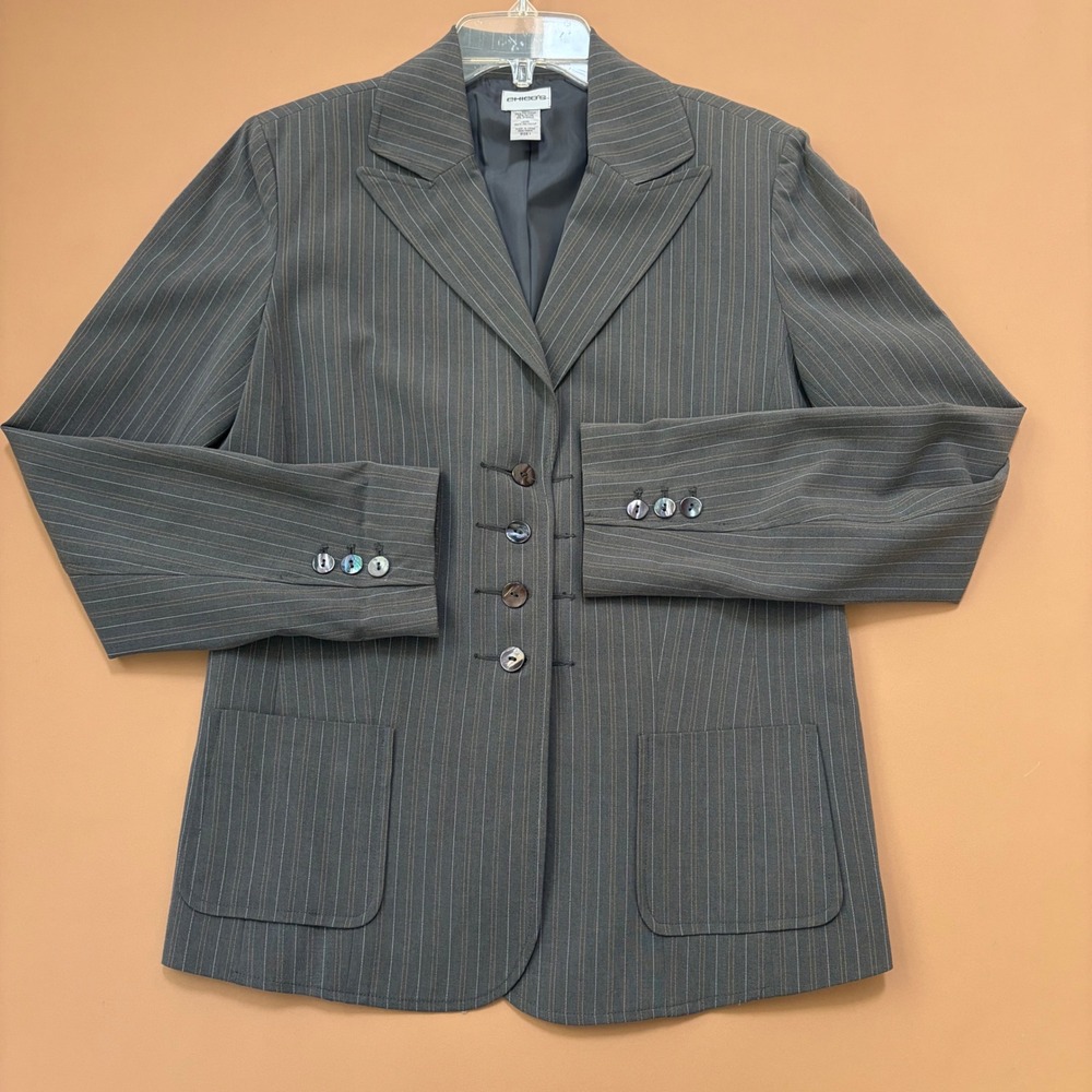 Chicos Pinstripe Blazer Womens Size 1 M Grey Button Front Lined Stretch Jacket